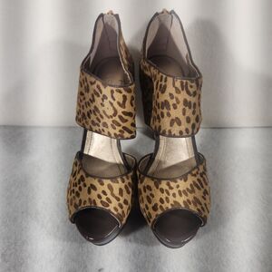 BCBGeneration Women's Leopard Cow-Hair Platform Peep Toe D'Orsay Heels Sz 8